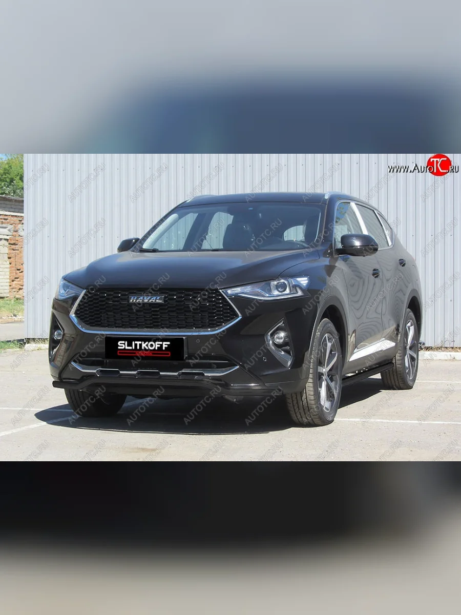 Защита переднего бампера (Ø42 волна, с полимерным покрытием) Slitkoff Haval F7x дорестайлинг (2019-2022) (цвет: черный)  в Керчи Республика Крым