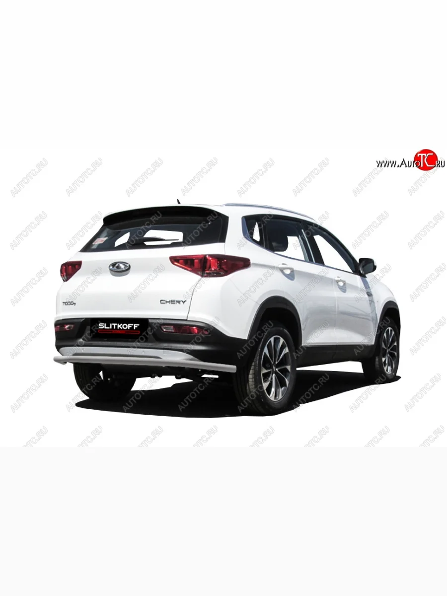 Защита заднего бампера Slitkoff (d42, длинная) Chery Tiggo 7 (2016-2020) (Сталь с полимерным покрытием. Цвет: серебристый)  с доставкой в г. Керчь