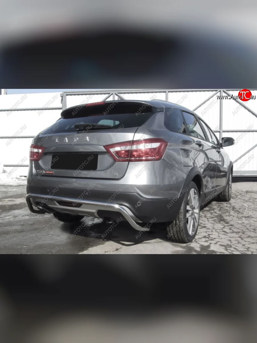 Защита заднего бампера Cross Slitkoff (скоба, d42) Лада ВАЗ Веста SW 2181 универсал дорестайлинг (2017-2022) (Нержавейка, Без окраски)  в Керчи Республика Крым