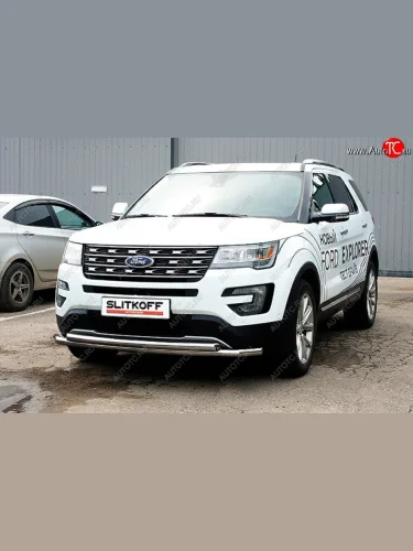 Защита переднего бампера Slitkoff (двойная, d57/57 мм) (Нержавейка) Ford Explorer  U502 (2015-2018) 1-ый рестайлинг, 5 дв.