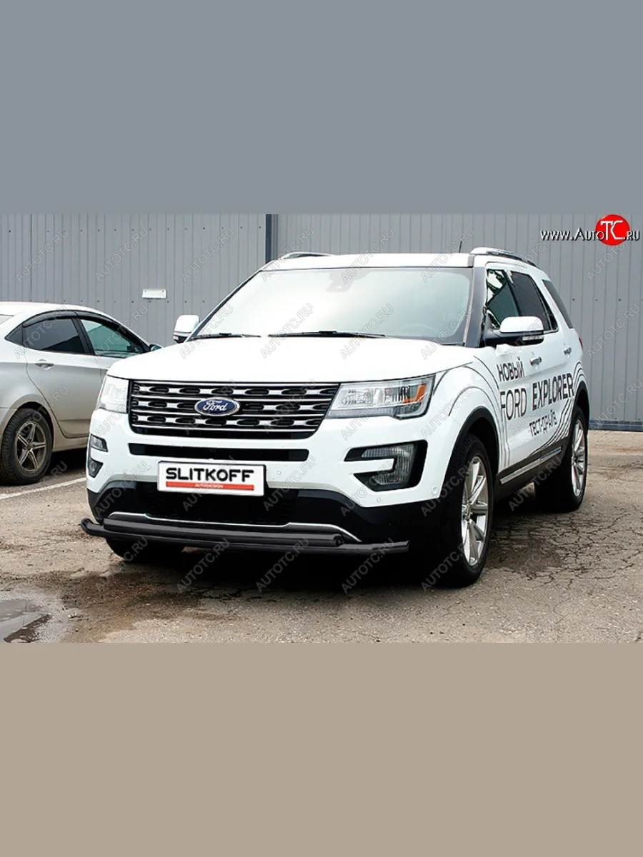 Защита переднего бампера Slitkoff (двойная, d57/57 мм)  Ford Explorer (2015-2018) U502 (Сталь с полимерным покрытием. Цвет: чёрный)  в Керчи Республика Крым