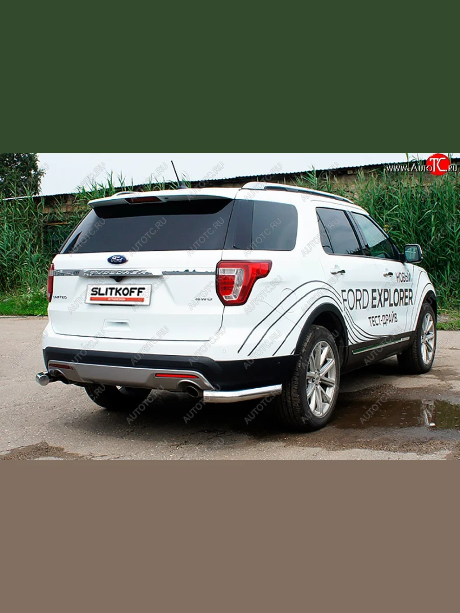 Защита заднего бампера Slitkoff (d76 мм, уголки) Ford Explorer U502 1-ый рестайлинг, 5 дв. (2015-2018) (Нержавейка, Полированная)  в Самаре Самарской области