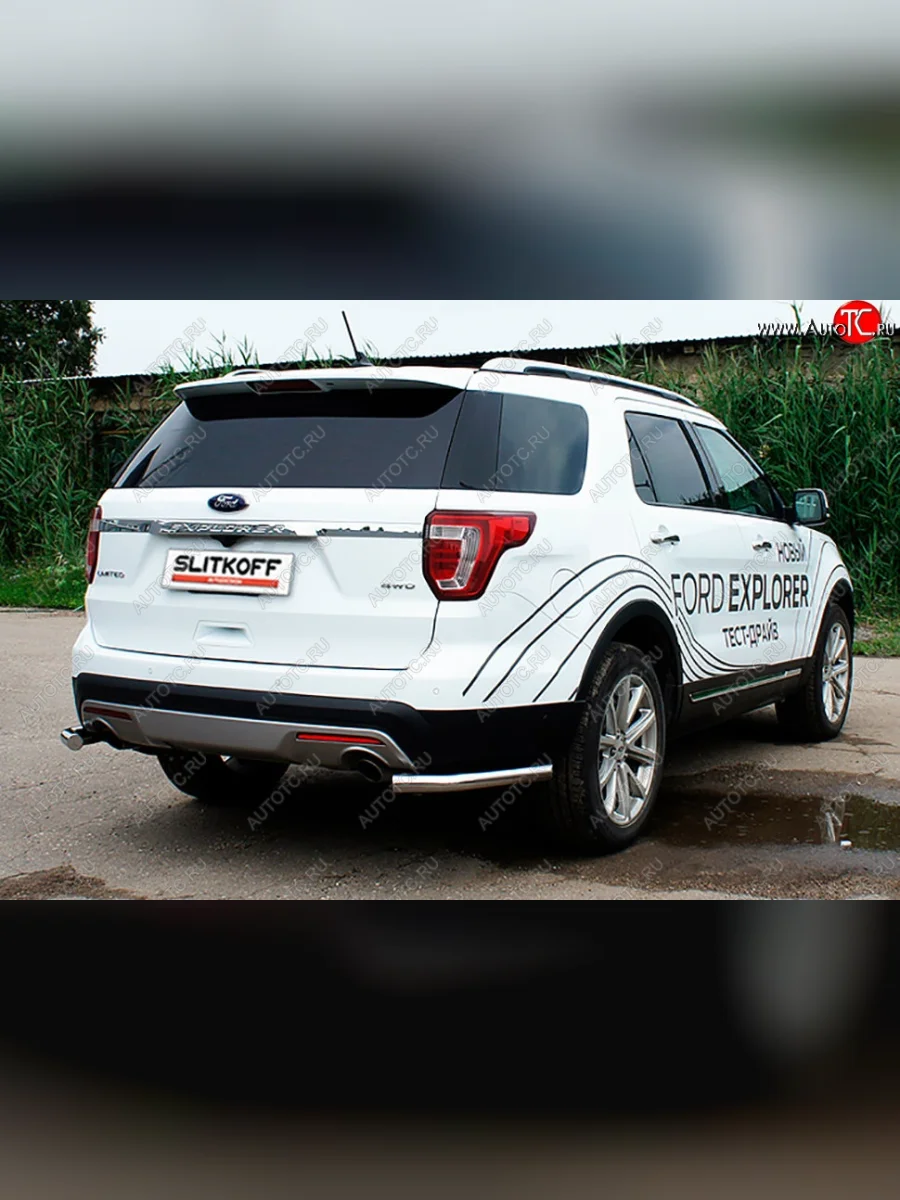 Защита заднего бампера Slitkoff (d57 мм, уголки)  Ford Explorer (2017-2019) U502 (Нержавейка, Полированная)  в Самаре Самарской области