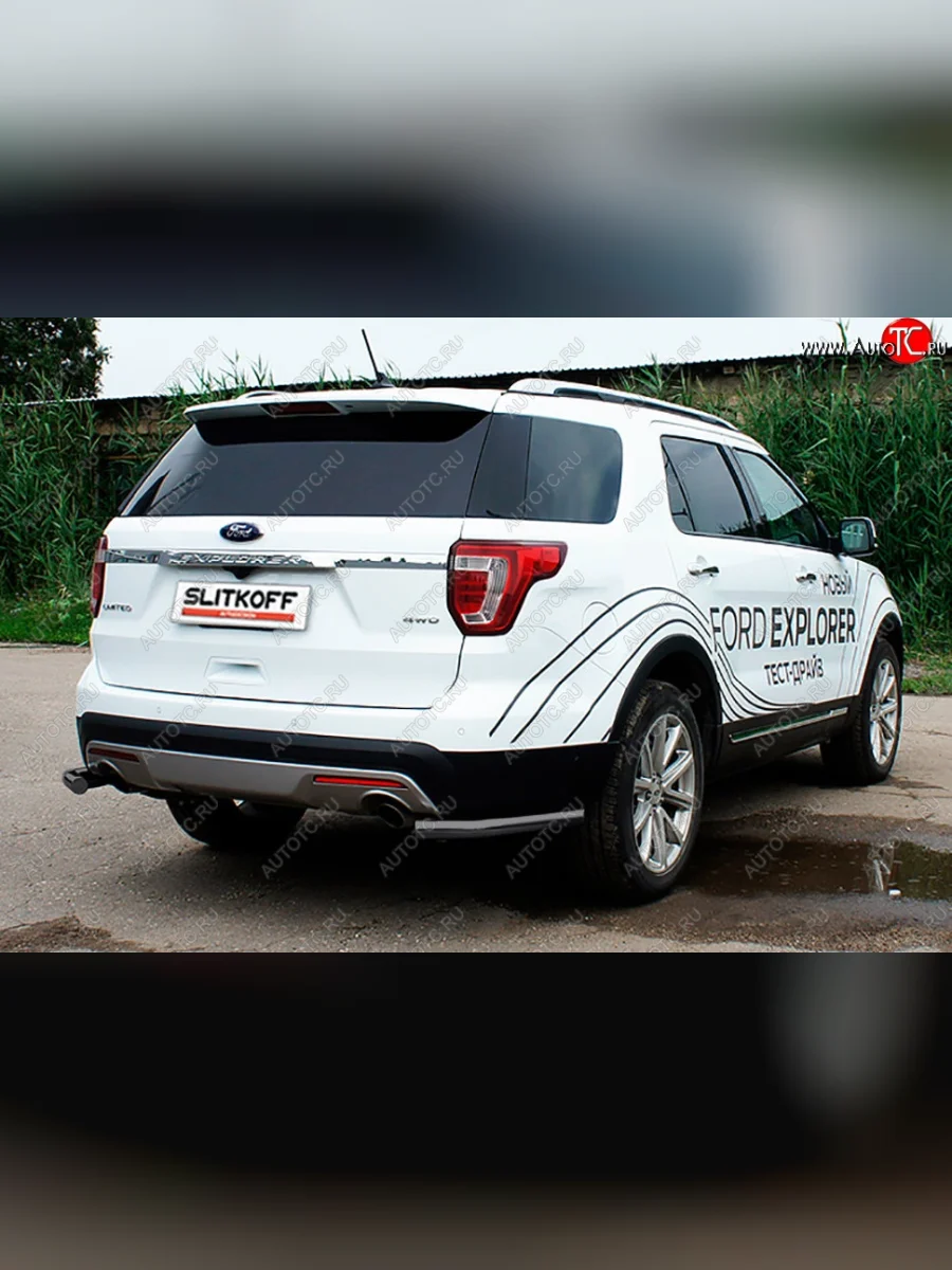 Защита заднего бампера Slitkoff (d57 мм, уголки)  Ford Explorer (2017-2019) U502 (Сталь с полимерным покрытием. Цвет: чёрный)  в Самаре Самарской области