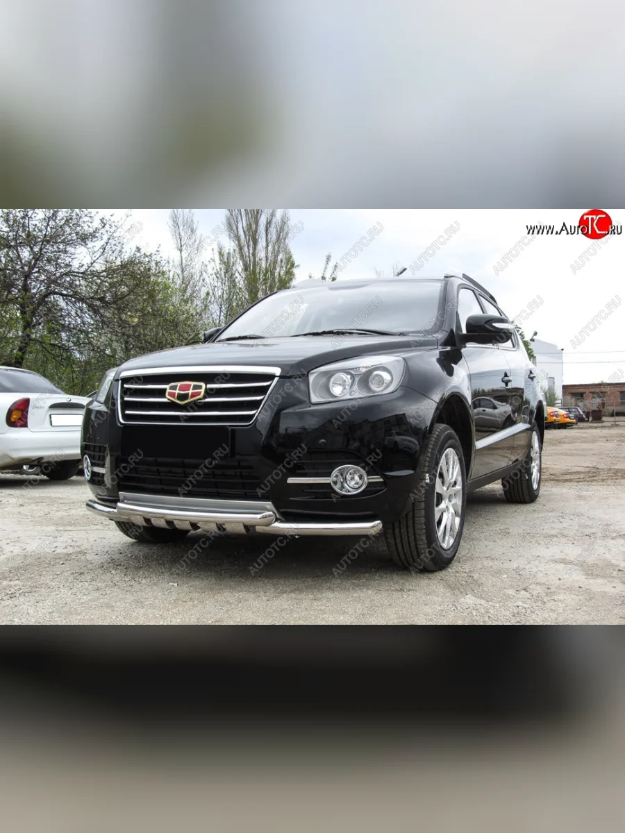 Защита переднего бампера Slitkoff (двойная с профильной защитой картера, d57/57 мм) Geely Emgrand X7 1-ый рестайлинг (2015-2018) (Нержавейка)  с доставкой в г. Керчь