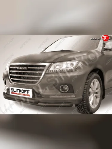 Защита переднего бампера Slitkoff (двойная трубы, d57/57) Haval H2 (2014-2021) (Сталь с полимерным покрытием. Цвет: чёрный)