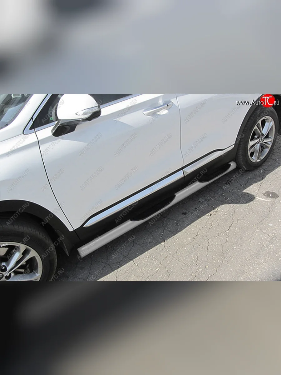 Защита порогов Slitkoff (d76 мм, с проступями) Hyundai Santa Fe TM рестайлинг (2020-2022) (Сталь с полимерным покрытием. Цвет: серебристый)  с доставкой в г. Керчь