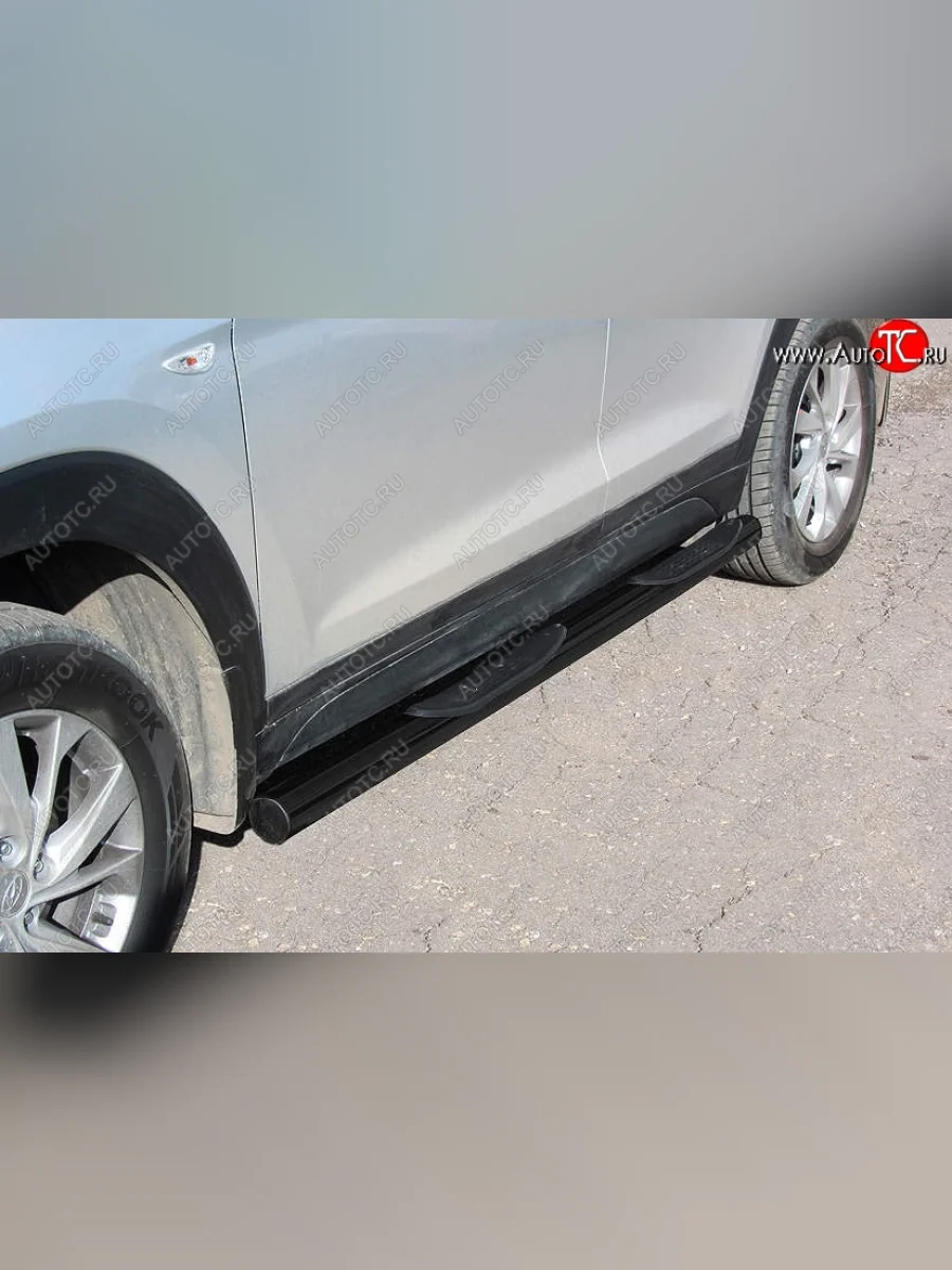 Защита порогов Slitkoff (d76 мм, с проступями) Hyundai Tucson TL рестайлинг (2018-2021) (Сталь с полимерным покрытием. Цвет: чёрный)  в Самаре Самарской области