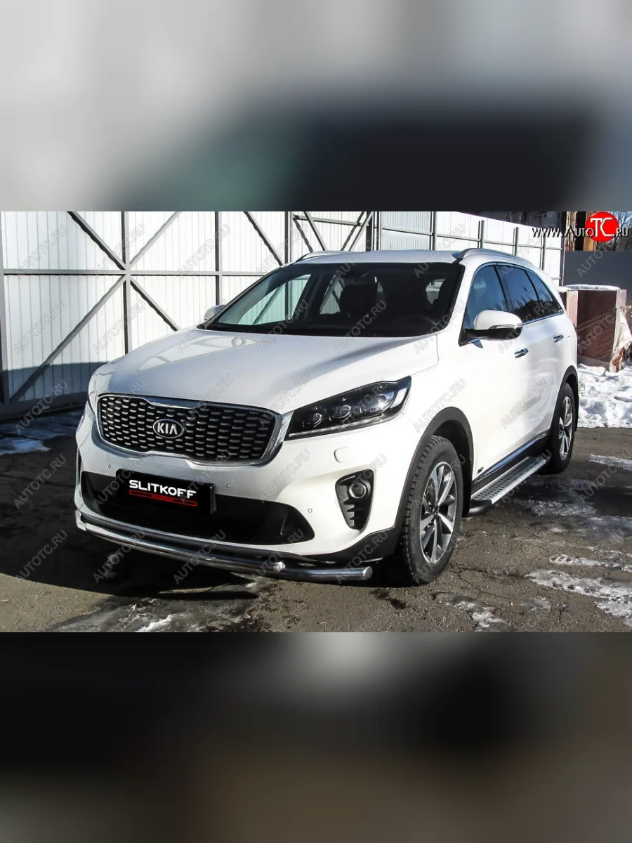 Защита переднего бампера Slitkoff (двойная, d57/42) KIA Sorento UM/Prime рестайлинг (2018-2020) (Нержавейка, Полированная)  с доставкой в г. Керчь
