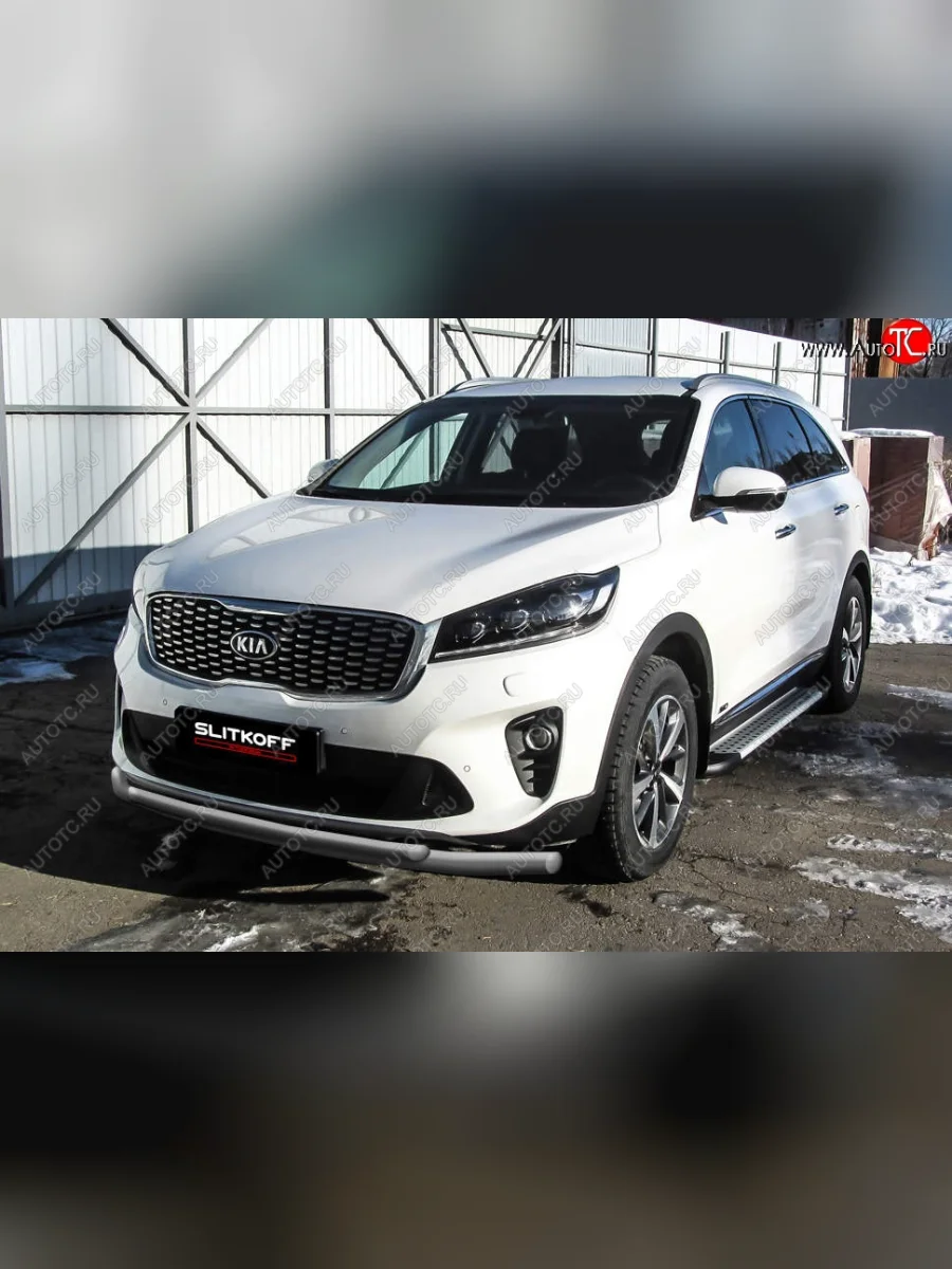 Защита переднего бампера Slitkoff (двойная, d57/42) KIA Sorento UM/Prime рестайлинг (2018-2020) (Сталь с полимерным покрытием. Цвет: серебристый)  в Керчи Республика Крым