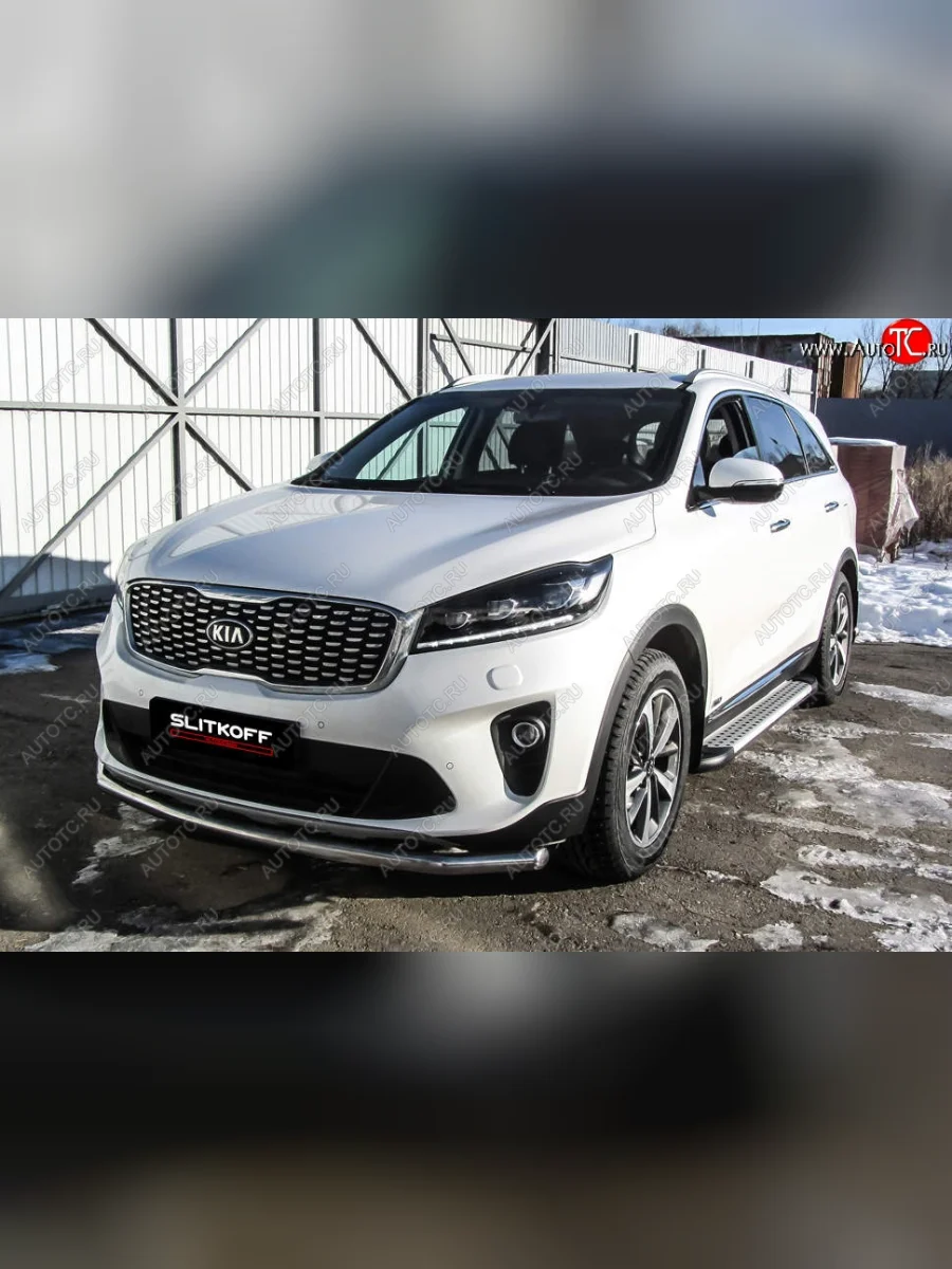 Защита переднего бампера Slitkoff (двойная, d57/42) KIA Sorento UM/Prime рестайлинг (2018-2020) (Нержавейка, Полированная)  в Керчи Республика Крым