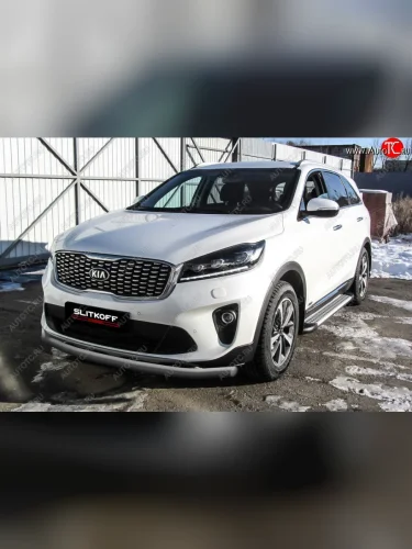 Защита переднего бампера Slitkoff (двойная, d57/42) (Сталь с полимерным покрытием. Цвет: серебристый) KIA Sorento UM/Prime рестайлинг (2018-2020)
