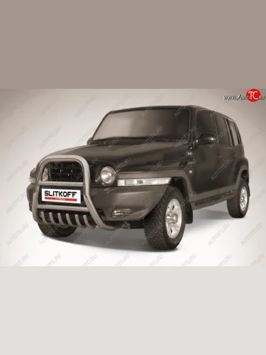 Защита переднего бампера Slitkoff (высокая с защитой картера, d76 мм) (Нержавейка) ТАГАЗ Tager  5d (2008-2012)