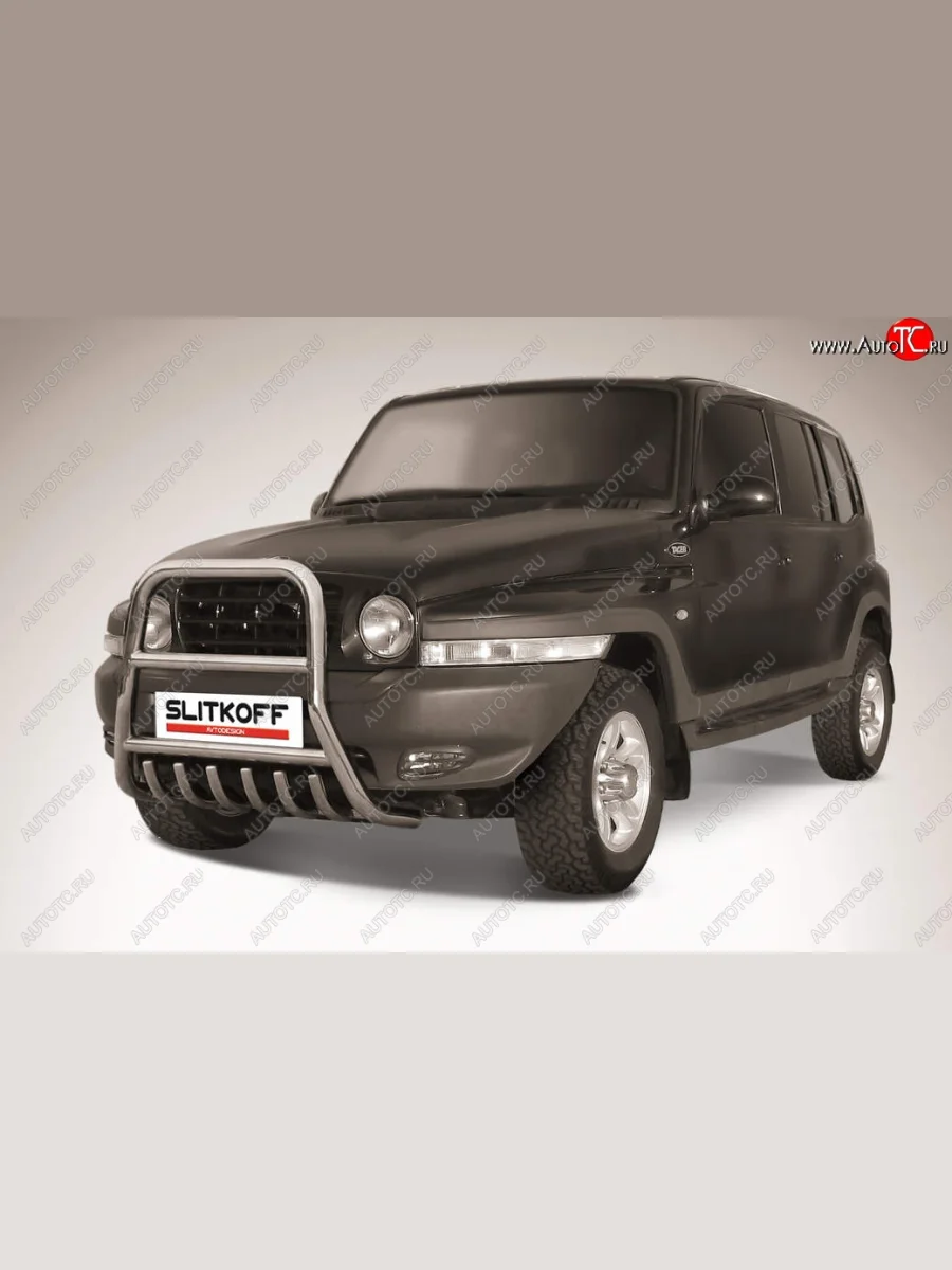 Защита переднего бампера Slitkoff (высокая с защитой картера, d57 мм) ТАГАЗ Tager 5d (2008-2012) (Нержавейка)  в Перми Пермском крае