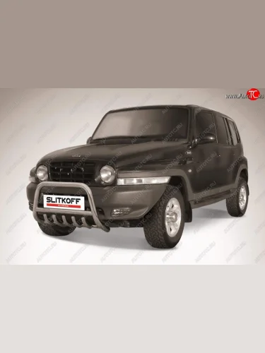 Защита переднего бампера Slitkoff (низкая с защитой картера, d57 мм) (Нержавейка) ТАГАЗ Tager  5d (2008-2012)