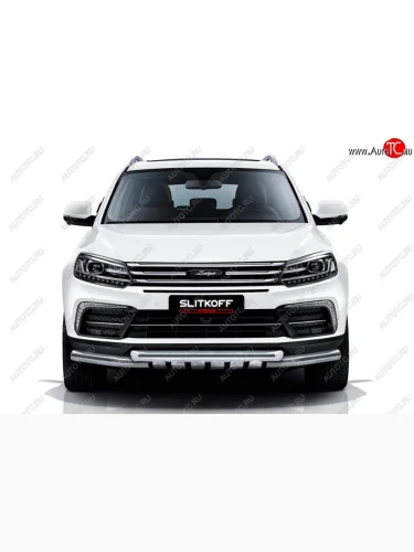 Защита переднего бампера Slitkoff (двойная с декоративными элементами, d57/57) (Нержавейка) Zotye Coupa  B11F (2019-2021)