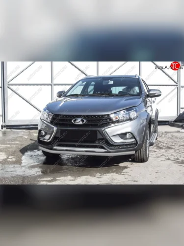 Защита переднего бампера Cross Slitkoff (d42 мм) (Сталь с полимерным покрытием. Цвет: серебристый) Лада ВАЗ Веста  SW 2181 (2017-2022) универсал дорестайлинг