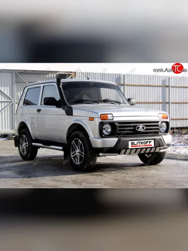 Защита переднего бампера (Ø42 мм с декор. элементами) Slitkoff (Нержавейка) Лада ВАЗ нива 4х4 ( 2131,  2121) (2014-2021) Урбан 3 дв. дорестайлинг, Урбан 5 дв. дорестайлинг, Урбан, Урбан 5 дв. рестайлинг