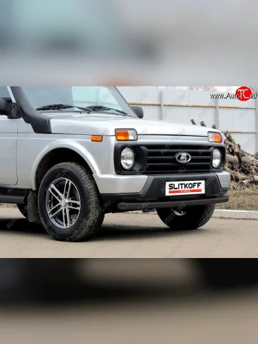 Защита переднего бампера (Ø 57 мм) Slitkoff (Сталь с полимерным покрытием. Цвет: чёрный) Лада ВАЗ нива 4х4 ( 2131,  2121) (2014-2021) Урбан 3 дв. дорестайлинг, Урбан 5 дв. дорестайлинг, Урбан, Урбан 5 дв. рестайлинг