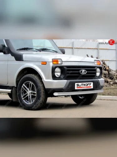 Защита переднего бампера (Ø 57 мм) Slitkoff (Сталь с полимерным покрытием. Цвет: серебристый) Лада ВАЗ нива 4х4 ( 2131,  2121) (2014-2021) Урбан 3 дв. дорестайлинг, Урбан 5 дв. дорестайлинг, Урбан, Урбан 5 дв. рестайлинг