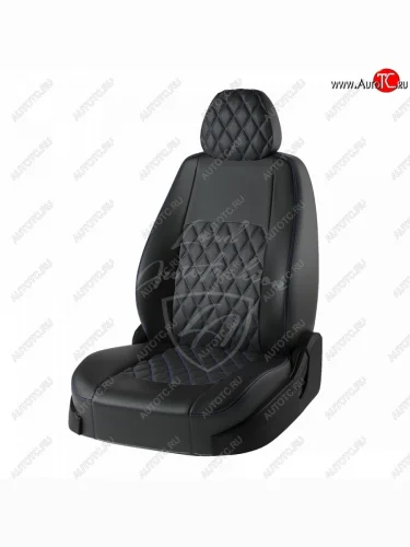 Чехлы для сидений Lord Autofashion Турин Ромб (экокожа, сплошная спинка) (Черный, вставка черная, строчка синяя) Лада ВАЗ Гранта FL ( 2191,  2190,  2194,  2192) (2018-2025) лифтбек, седан, универсал, хэтчбек