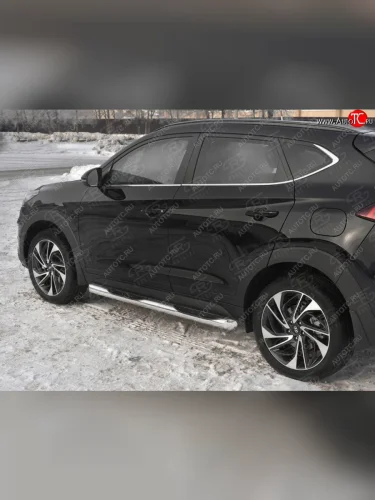 Защита порогов (Ø76 мм с проступью, нержавейка) SLITKOFF (Металлические торцы под 45°) Hyundai Tucson  TL (2018-2021) рестайлинг