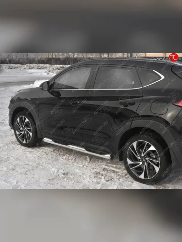 Защита порогов (Ø76 мм с проступью, нержавейка) SLITKOFF (С пластиковыми заглушками на торцах) Hyundai Tucson  TL (2018-2021) рестайлинг