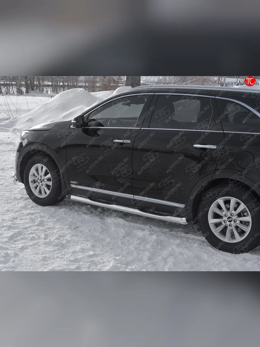 Защита порогов (Ø76 мм с проступью, нержавейка) SLITKOFF KIA Sorento UM/Prime рестайлинг (2018-2020) (Металлические торцы под 45°)  в Перми Пермском крае
