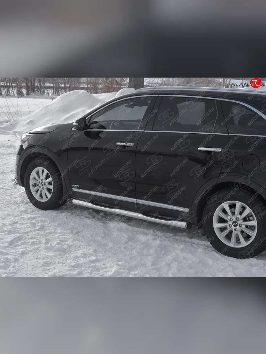 Защита порогов (Ø76 мм с проступью, нержавейка) SLITKOFF KIA Sorento UM/Prime рестайлинг (2018-2020) (С пластиковыми заглушками на торцах)  в Перми Пермском крае