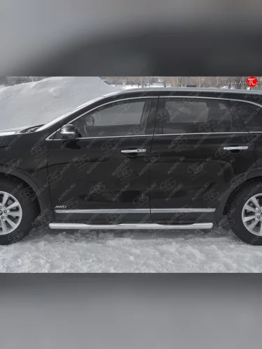 Защита порогов (Ø76 мм с проступью, нержавейка) SLITKOFF (Металлические торцы под 90°) KIA Sorento UM/Prime рестайлинг (2018-2020)