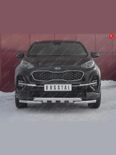 Защита переднего бампера (2 трубы Ø63 мм с клыками, нержавейка) SLITKOFF KIA Sportage  4 QL (2018-2022) рестайлинг