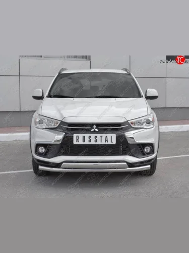 Защита переднего бампера (2 трубы Ø63 и 75х42 мм, нержавейка) Russtal Mitsubishi ASX 2-ой рестайлинг (2017-2020)