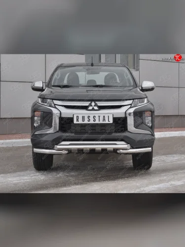 Защита переднего бампера (Ø63 с клыками, нержавейка) SLITKOFF Mitsubishi L200  5 KK,KL (2018-2022) рестайлинг