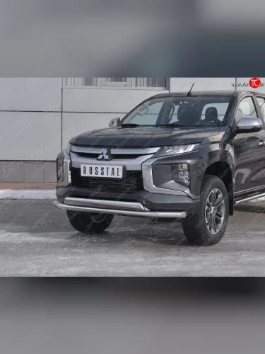 Защита переднего бампера (2 трубы Ø63 и 75х42 мм, нержавейка) Russtal Mitsubishi L200 5 KK,KL рестайлинг (2018-2022)