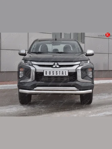 Защита переднего бампера (2 трубы Ø76 и 42 мм, нержавейка) SLITKOFF Mitsubishi L200 5 KK,KL рестайлинг (2018-2022)