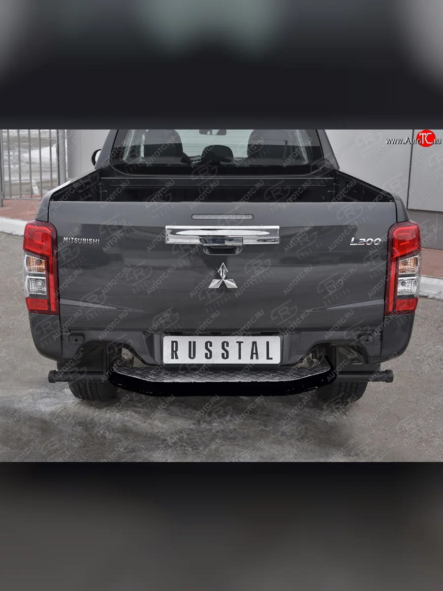 Защита заднего бампера (Ø63 мм, с полимерным покрытием/лист алюминиевый) SLITKOFF Mitsubishi L200 5 KK,KL рестайлинг (2018-2022) (черный цвет)  с доставкой в г. Керчь