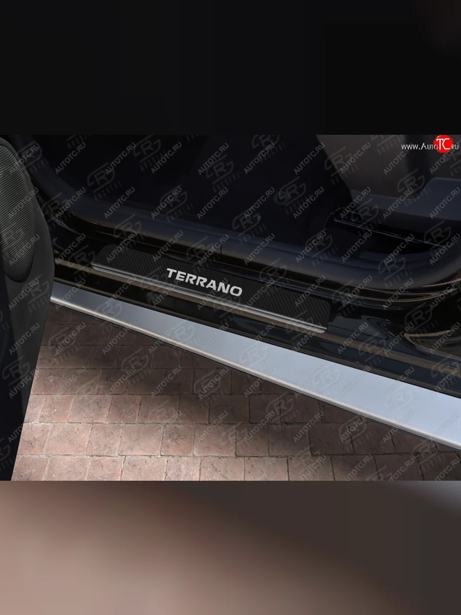 Пороги накладки Russtal Nissan Terrano D10 рестайлинг (2016-2022) (Нержавейка с покрытием карбон и надписью)  в Керчи Республика Крым