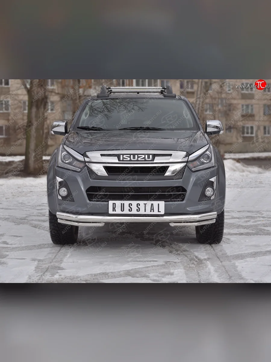 Защита переднего бампера (2 трубы Ø63 и 42 мм, нержавейка) SLITKOFF Isuzu D-Max RT85,TFR DoubleCab рестайлинг (2015-2021)  с доставкой в г. Керчь