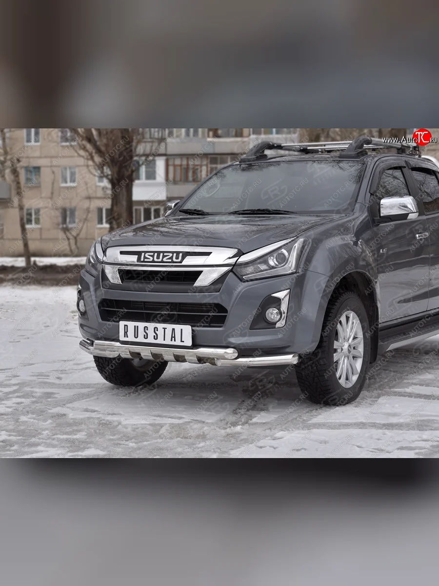 Защита переднего бампера (Ø 63 мм с клыками, нержавейка) SLITKOFF Isuzu D-Max RT85,TFR DoubleCab рестайлинг (2015-2021)  с доставкой в г. Керчь