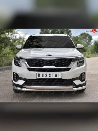 Защита переднего бампера (2 трубы Ø63 и 75х42 мм, нержавейка) Russtal KIA Seltos SP2 дорестайлинг (2019-2022)