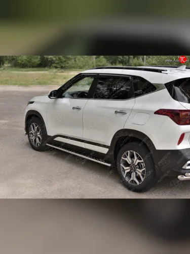 Защита порогов (Ø75х42 мм с проступью, нержавейка) Russtal KIA Seltos SP2 дорестайлинг (2019-2022)