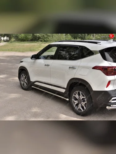 Защита порогов (Ø42 мм, нержавейка) SLITKOFF (Металлические торцы под 45°) KIA Seltos (2019-2025)