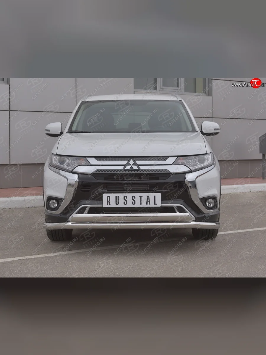 Защита переднего бампера (2 трубы Ø63 и 75х42 мм, нержавейка) Russtal Mitsubishi Outlander GF 3-ий рестайлинг (2018-2022)  в Керчи Республика Крым