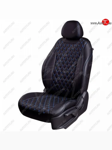 Чехлы для сидений Lord Autofashion Байрон (экокожа, раздельная спинка и сиденья, 3 Г-образных подголовника) (Черный, вставка черная, строчка синяя) Mitsubishi Outlander GF дорестайлинг (2012-2014)