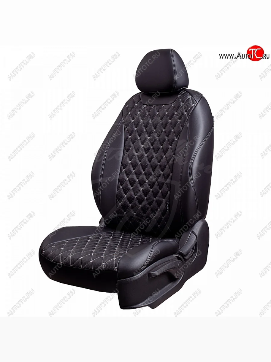 Чехлы для сидений Lord Autofashion Байрон (экокожа, спинка и сиденье 60/40, подлокотник, отдельные бока, 3 Г-образных подголовника) Skoda Octavia A5 дорестайлинг универсал (2004-2008) (Черный, вставка черная, строчка серая)  в Воронеже Воронежской области