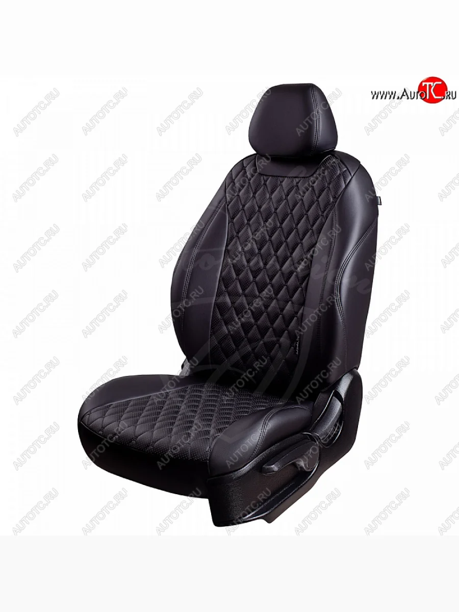 Чехлы для сидений Lord Autofashion Байрон (экокожа, 60/40, подлокотник, отдельные бока, 2 П- и 1 Г-образных подголовника) Toyota Camry XV70 дорестайлинг (2017-2021) (Черный, вставка черная, строчка черная)  в Керчи Республика Крым