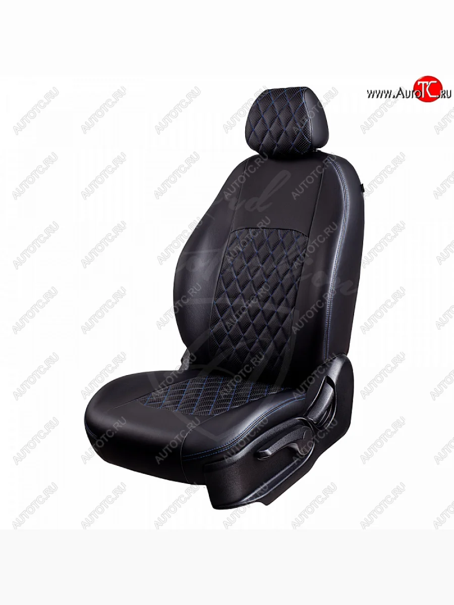 Чехлы для сидений Lord Autofashion Турин Ромб (экокожа) KIA Rio 2 JB дорестайлинг седан (2005-2009) (Черный, вставка черная, строчка синяя)  в Керчи Республика Крым