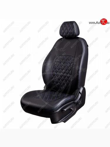 Чехлы для сидений Lord Autofashion Турин Ромб ((экокожа, спинка 60/40, 3 Г-образных подголовника)) (Черный, вставка черная, строчка синяя) KIA Seltos SP2 дорестайлинг (2019-2022)