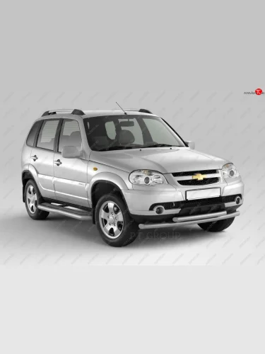 Порожки для ног из трубы Ø51 с алюминиевой фигурной площадкой Petroil Tuning (Сталь полимерным покрытием в цвет: серебристый ❞Искра❝) Лада ВАЗ 2123 (Нива Шевроле) 1 рестайлинг (2009-2020)