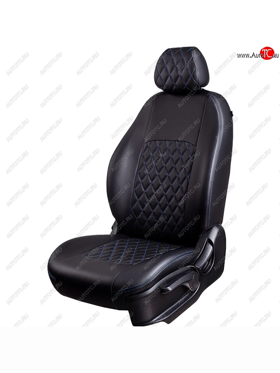 Чехлы для сидений Lord Autofashion Турин Ромб (экокожа, спинка 60/40, подлокотник, отдельный бок, 2 Г-образных подголовника) Volkswagen Passat B5 седан дорестайлинг (1996-2000) (Черный, вставка черная, строчка синяя)  с доставкой в г. Пермь